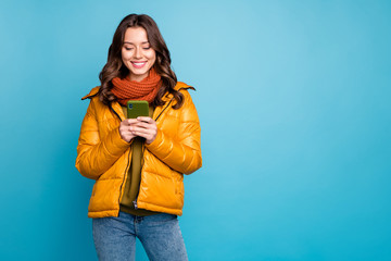 Wall Mural - photo of pretty millennial lady holding telephone reading positive comments blog wear stylish autumn