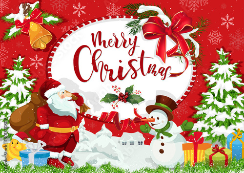 Merry Christmas Holidays Greeting Card with Santa Claus and Snowman, Elliptic...
