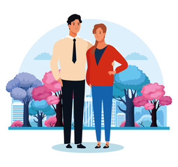 Sticker - cartoon couple standing over colorful trees