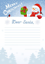 Layout  Letter To Santa Claus With Wish List And Funny Snowman With Christmas Gift Box And Bullfinch