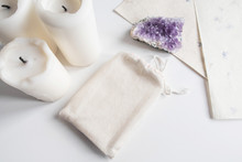 Mock Up Of Tarot Deck Cotton Bag, Amethyst And Candles On White Background. Boho Design Of Tarot Cards Pouch On White Table