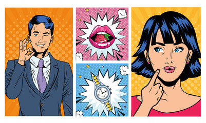 Wall Mural - business couple with lips and watch pop art style