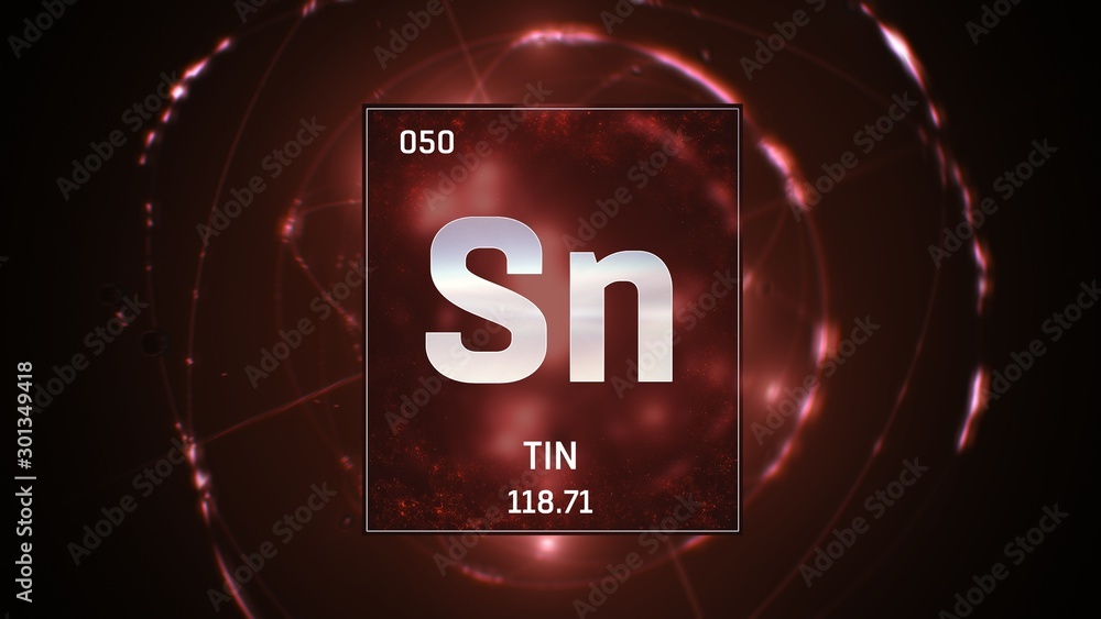 3D illustration of Tin as Element 50 of the Periodic Table. Red ...