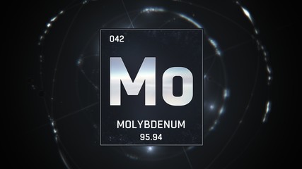 Wall Mural - 3D illustration of Molybdenum as Element 42 of the Periodic Table. Silver illuminated atom design background with orbiting electrons. Design shows name, atomic weight and element number