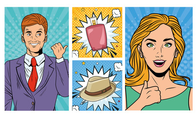 Wall Mural - business couple with lotion and hat pop art style