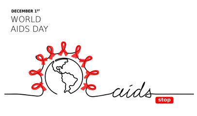 World Aids Day, december 1. Vector banner, background with continuous one line drawing globe and red ribbons. Stop aids lettering.