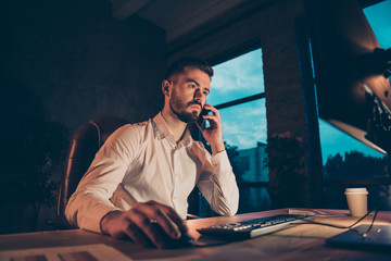 Sticker - Profile side photo of concentrated collar worker sit table desk work on his pc speak through smartphone want solve job problems to finish research strategy in dark evening loft wearing white shirt