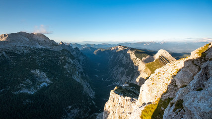 The julians alps mountain range during sunrise and sunset with the epic mountains and colour in Slovenia