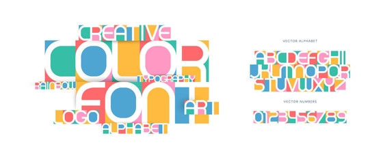Aufkleber - Colorful letters and numbers set. Colored vector latin alphabet. Rainbow color font. Creative applique ABC, negative space monogram, art logo and poster template. Typography design.