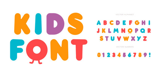 Wall Mural - Kids letters and numbers set. Cartoon bold style alphabet. Childish font for events, promotions, logos, banner, monogram and poster. Vector typography design.