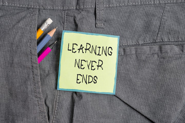 Text sign showing Learning Never Ends. Business photo showcasing Life Long Educational and Wellness Opportunities Writing equipment and green note paper inside pocket of man work trousers