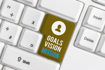 Writing note showing Goals Vision Mission. Business concept for practical planning process used to help community group White pc keyboard with note paper above the white background