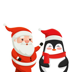 Canvas Print - santa claus with penguin characters merry christmas vector illustration design