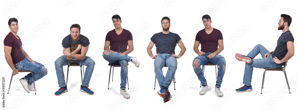 men sitting in various ways in a chair - obrazy, fototapety, plakaty 
