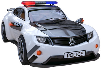 Original design police car on an isolated background, in white and black colors. 3D illustration