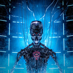 Wall Mural - deadly data core / 3d illustration of evil metallic science fiction artificial intelligence inside c