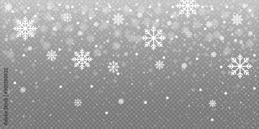 Christmas snow falling snowflakes isolated on transparent background vector illustration. EPS 10 - obrazy, fototapety, plakaty 