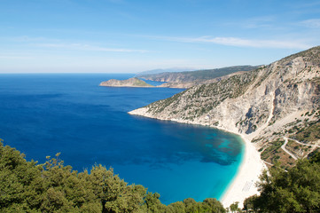 Wall Mural - bright scenic landscape view of mediterranean sea lapping at the white stone shore at myrtos beach, 