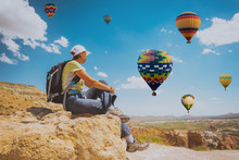Successful Sporty Woman In Cappadocia With Hot Air Balloons Concept Of Motion Motivation Inspiration