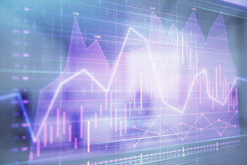 Stock market chart with trading desk bank office interior on background. Double exposure. Concept of financial analysis