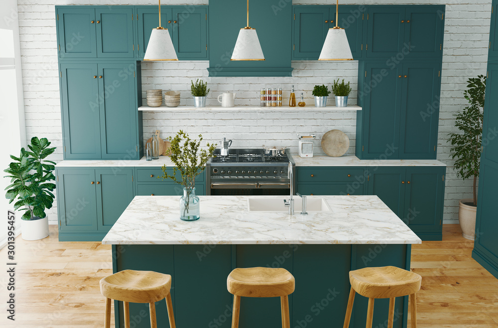 Residential interior of modern kitchen in luxury mansion, 3d rendering - obrazy, fototapety, plakaty 