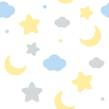 Seamless Pattern Of Cute Pastel Cloud, Star And Moon.