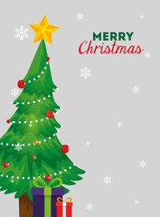 Sticker - merry christmas poster with pine tree and gift boxes vector illustration design