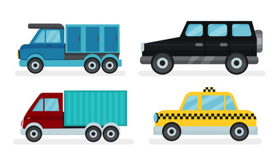 Wall Mural - Set Of Different Kinds Of Urban And Industrial Transport Vector Illustrations