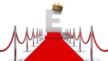  3D Illustration Of Letter E Wearing A Crown On Red Carpet