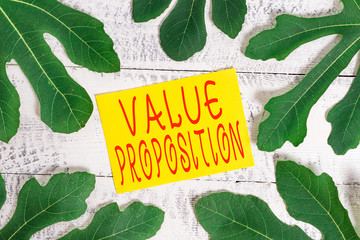 Conceptual hand writing showing Value Proposition. Concept meaning feature intended to make a company or product attractive Leaves surrounding notepaper above a classic wooden table