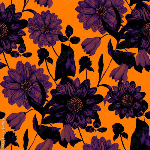 Watercolor seamless pattern with hand drawn meadow flowers. Vintage floral pa...