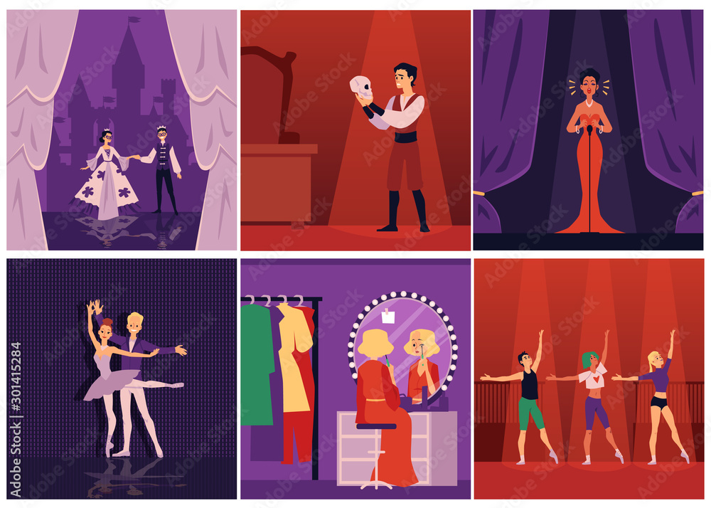 Dramatic theater actors, singers and ballet dancers on stage set of flat vector illustrations. - obrazy, fototapety, plakaty 