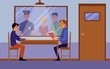 © sabelskaya - Police interrogation room interior with cartoon policeman questioning suspect