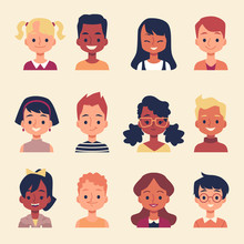 Cute Cartoon Children Portrait Set -different Diverse Group Of Boys And Girls