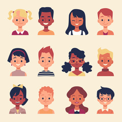 Cute cartoon children portrait set -different diverse group of boys and girls