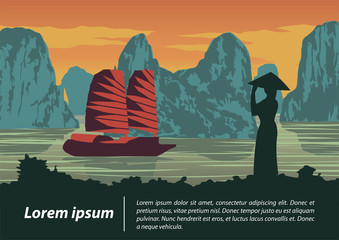 Vietnamese woman look to ship in ha long bay,landmark of Vietnam on sunset time,vintage color style,vector illustration