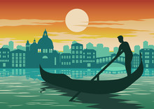 Man Row Boat In Venice, Famous Landmark Of Italy, On Sunset Time,vintage And Classic Color, Silhouette Design,vector Illustration