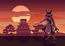 Knight Of Japan Called Samurai Pose In Front Of Castle With Japanese Architecture Mean To Protect His Respect Place On Sunset Time,silhouette Design,vector Illustration