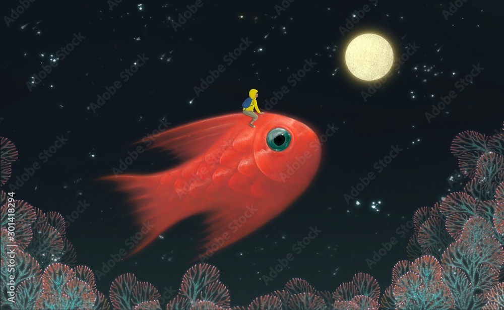 Fantasy scene boyriding red giant fish to the moon in starry night landscape, fantasy illustartion, freedom, painting, imagination - obrazy, fototapety, plakaty 