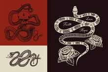 Royal Python With A Skull, A Milk Snake With Roses, A Reptile With A Sword. Poisonous Viper Template For Poster Or Tattoo. Engraved Hand Drawn Old Vintage Sketch For T-shirt Or Logo. 