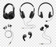 Set of headphones and earphones 3d vector realistic illustration isolated.