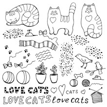 Set Of Cats And Doodle Elements: Mice, Hearts, Footprints, Balls, Ball, Knitting, Scarf, Birds, Home Flowers, Bows, Bone, Dots And Inscriptions Love Cats. Isolated On White Background, Hand Drawn