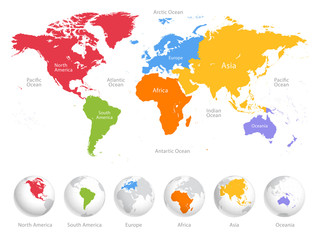 world map divided into six continents. each continent in different color. simple flat vector illustr