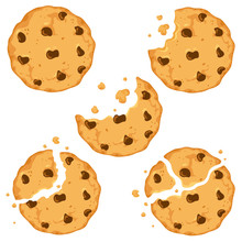 Traditional Cookies With Chocolate Crisps. Bitten, Broken, Cookie Crumbs. Vector Illustration In Cartoon Flat Style.