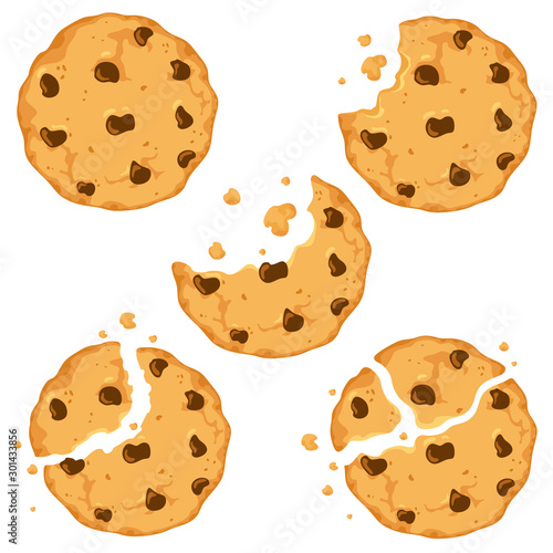 Traditional Cookies With Chocolate Crisps Bitten Broken Cookie Crumbs Vector Illustration In Cartoon Flat Style Buy This Stock Vector And Explore Similar Vectors At Adobe Stock Adobe Stock