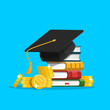 Scholarship concept. Education loan for pursuing. Graduation hat and stack of coins. Vector illustration in flat style.