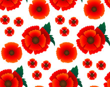 Poppy Red Flower Seamless Pattern, Vector Illustration, Floral Background For Textile, Printing, Summer Dress, Remembrance Day As Symbol Of Peace, Garden Bouquet Shop Ad, Botanical Colorful Wallpaper