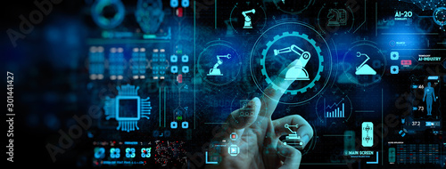 Cuadros en Lienzo Engineer hand check and control welding robotics automatic arms icon with machine in intelligent factory automotive industrial with UI monitoring system software