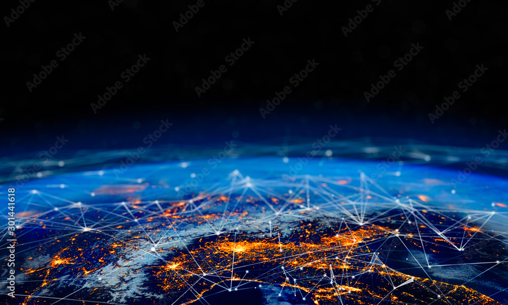 Communication technology for internet business. Global world network and telecommunication on earth cryptocurrency and blockchain and IoT. Elements of this image furnished by NASA - obrazy, fototapety, plakaty 