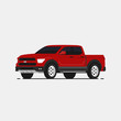 American pickup vector illustrayion in flat style. Red truck isolated. Auto side view.